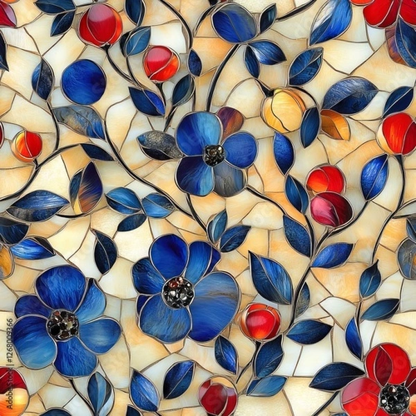 Obraz Seamless Pattern - Stained glass floral pattern, blue and red flowers.