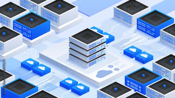 Obraz Data center infrastructure with interconnected servers, cloud computing, and virtual networks. Vector isometric illustration for advanced IT systems, big data, and cloud storage.