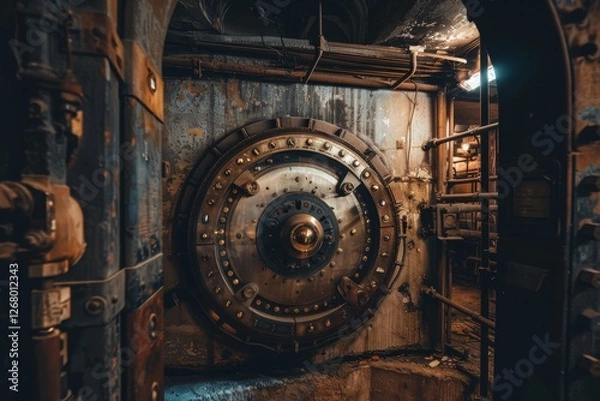 Fototapeta Large metallic vault door in an abandoned underground facility showing intricate design and aging features in dim light