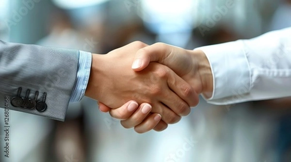 Fototapeta A handshake agreement between a businessman and businesswoman at a group board meeting, signifying a successful partnership