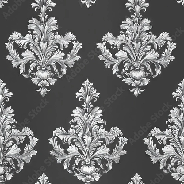 Obraz Seamless Pattern - Elegant silver damask pattern on dark background