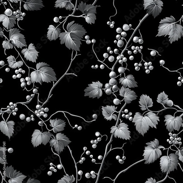 Obraz Seamless Pattern - Monochrome grapevine pattern on black background.