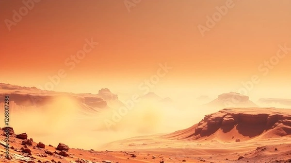 Fototapeta Mars Landscape with Fiery Orange Sky and Dusty Terrain in Red Planet Atmosphere Martian Scenery Space Exploration