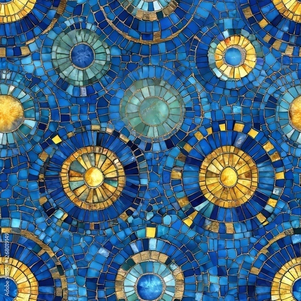 Fototapeta Seamless Pattern - Abstract blue and gold mosaic tile pattern