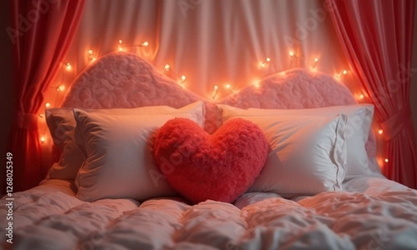 Fototapeta Red heart shaped pillow lies on the bed in a cozy bedroom. The pillow is soft and fluffy