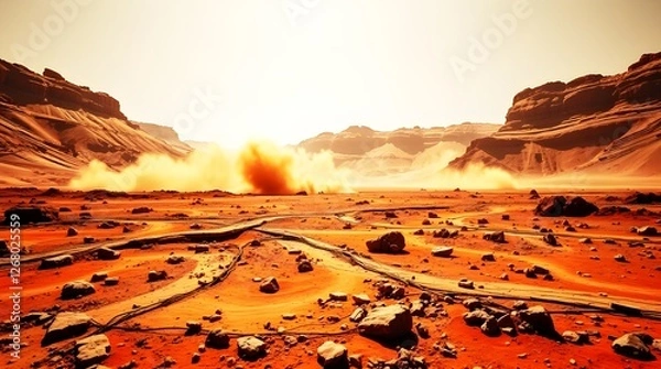 Fototapeta Mars Landscape with Fiery Orange Sky and Dusty Terrain in Red Planet Atmosphere Martian Scenery Space Exploration