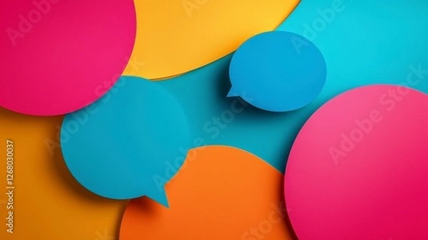 Fototapeta This captivating image presents layered colorful shapes featuring speech bubbles, which symbolize dynamic communication and an artistic expression of ideas and feelings.