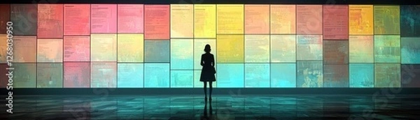 Obraz Professional individual reviewing a color-coded task chart in a modern workspace environment