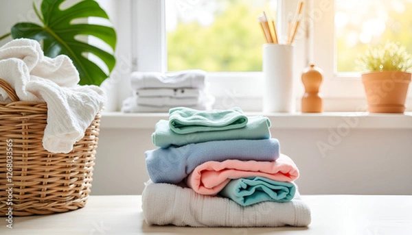 Fototapeta Stacked colorful towels against a bright window background, Folding Clothes, Spring Cleaning  