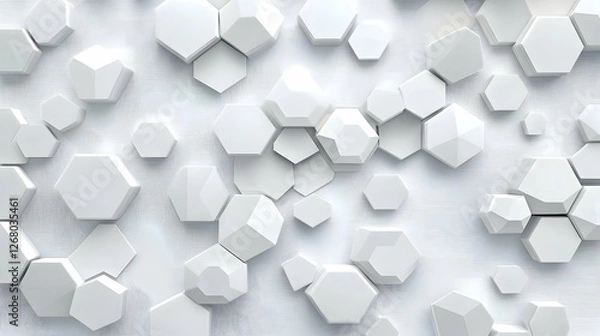 Fototapeta Abstract white and gray stripes background with hexagonal 3D shapes for modern design aesthetic in minimalist interior spaces and digital artworks
