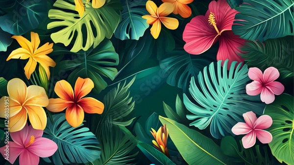 Obraz Aloha party tropical theme greeting card design featuring hand-lettered typography surrounded by lush Hawaiian flowers and leaves for a vibrant island celebration
