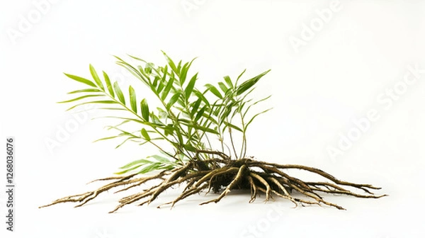 Obraz Architectural photography of Eurycoma Longifolia (Tongkat Ali) on a clean white background, showcasing the unique structure and natural beauty of the plant's roots and leaves
