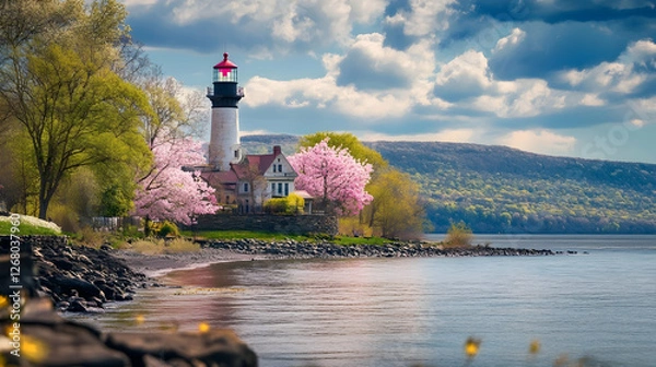 Obraz Captivating spring landscape of Tarrytown light on the Hudson River, showcasing the historic lighthouse surrounded by blooming nature in Sleepy Hollow, NY
