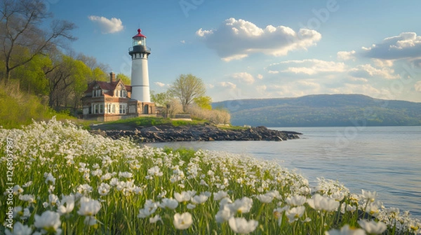 Obraz Captivating spring landscape of Tarrytown light on the Hudson River, showcasing the historic lighthouse surrounded by blooming nature in Sleepy Hollow, NY