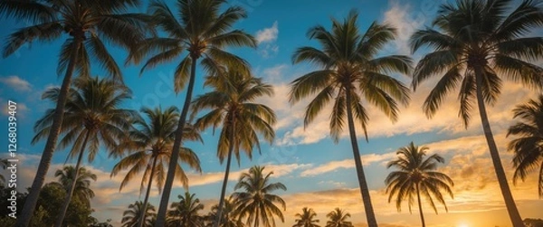 Fototapeta Serene Sunset Over Palm Trees with Vibrant Golden and Blue Sky Ideal for Text Overlay and Tropical Themed Designs