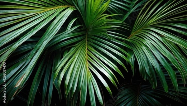 Fototapeta Lush green palm leaves creating a vibrant tropical texture background for nature and design themes