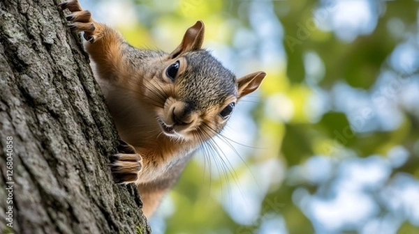 Fototapeta A lively squirrel playing in a tree in a park