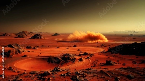 Fototapeta Mars Landscape with Fiery Orange Sky and Dusty Terrain in Red Planet Atmosphere Martian Scenery Space Exploration