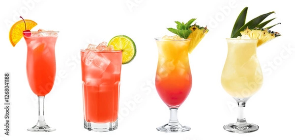 Fototapeta Sex on the Beach, Sea Breeze, Planters punch, Painkiller cocktail PNG set bundle, transparent isolated background. Mixology, bar menu cocktails, colorful vibrant refreshing drink with garnish
