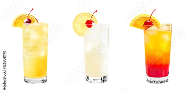 Fototapeta Harvey Wallbanger, Tom Collins, Tequila Sunrise cocktail PNG set bundle, transparent isolated background. Mixology, bar menu cocktails, colorful vibrant refreshing drink with garnish