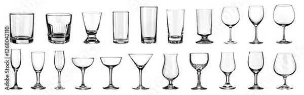 Fototapeta Empty cocktail glass PNG set bundle, transparent isolated background. Mixology, bar inventory glassware, various drink glasses collection. Highball, rocks, martini, champagne, old fashioned, tumbler