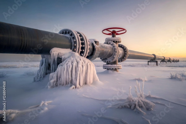 Fototapeta long gas pipeline stretching to the horizon against the winter landscape