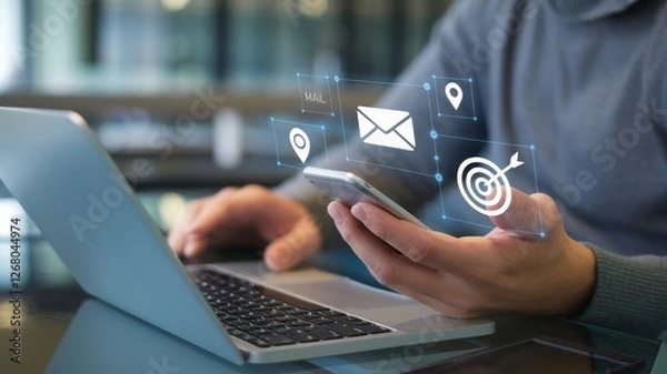 Fototapeta Person using laptop and smartphone with overlaid digital icons