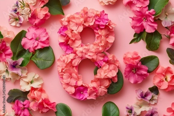 Fototapeta On March 8th, we celebrate Women's Day with a festive background of flowers and leaves, featuring the number 8