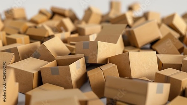 Fototapeta Modern 3D-rendered image of neatly stacked cardboard boxes on a beige and selvedge background, showcasing logistics, storage, and shipping solutions in e-commerce and global trade.