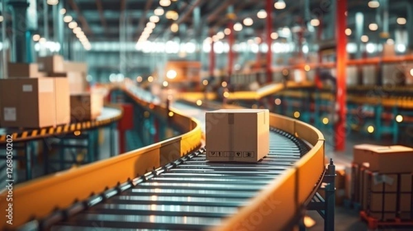 Fototapeta Cardboard packages on a conveyor belt inside a high-tech warehouse, symbolizing streamlined logistics and automated distribution. Ideal for illustrating e-commerce fulfillment, shipping