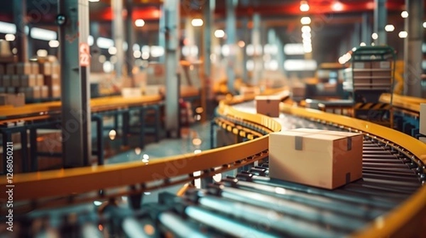 Fototapeta Cardboard boxes moving along a conveyor belt in a large warehouse, representing efficient supply chain and modern shipping logistics. Suitable for illustrating e-commerce fulfillment