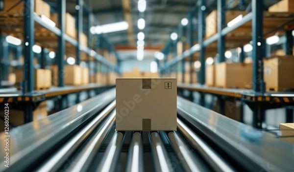Fototapeta Multiple cardboard boxes traveling on an industrial conveyor system in a warehouse, symbolizing fast and efficient product distribution. Perfect for illustrating logistics