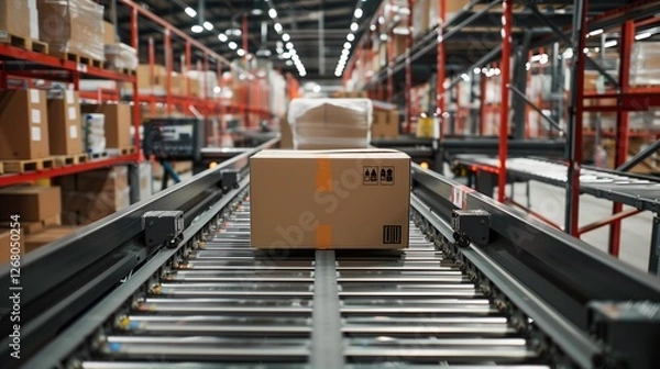 Fototapeta High-speed food packaging equipment working in an automated warehouse, focusing on modern technology in logistics and mass distribution.
