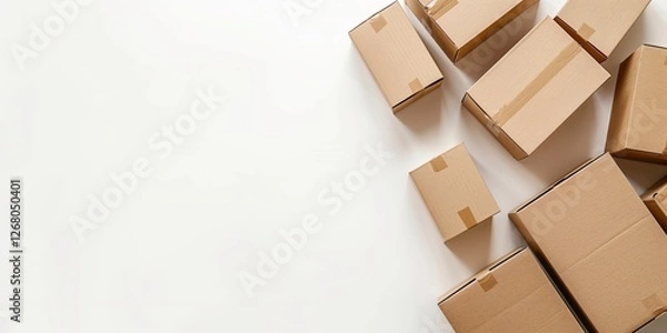 Fototapeta Top view of a stack of cardboard boxes on a white background, isolated in a minimalist composition with empty space. Ideal for mockups, branding, and product packaging designs.