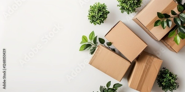 Fototapeta Minimalist stack of cardboard boxes isolated on a white background with empty space, designed as a product presentation mockup. Ideal for branding, e-commerce, and logistics visuals.