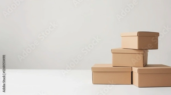 Fototapeta Stack of cardboard boxes on a white background, isolated with a minimalist design and empty space. Perfect for product presentation mockups, branding, and e-commerce visuals.