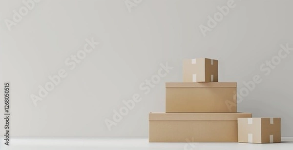 Fototapeta 3D-rendered pile of cardboard boxes on a white background, isolated in a clean and minimalistic style. Ideal for advertising warehouse, packaging, and delivery services.