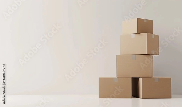 Fototapeta Realistic 3D pile of cardboard boxes on a clean white background, symbolizing warehouse storage, ecommerce packaging, and fast delivery services.