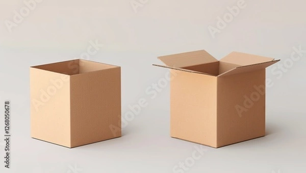 Fototapeta Two brown cardboard boxes in different perspectives on a plain white background. Perfect for branding, product packaging, and delivery services.