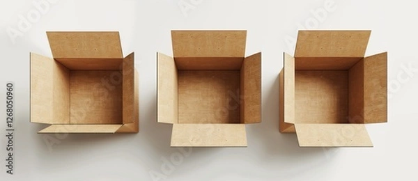 Fototapeta Three brown kraft cardboard boxes displayed from different angles on a white background, creating a realistic 3D effect. Ideal for packaging design, shipping, and product presentation.
