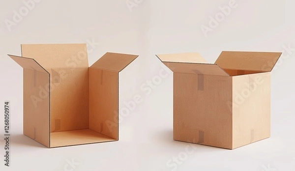 Fototapeta Two 3D brown cardboard boxes on a white background, shown from different angles. Suitable for product packaging, logistics, and branding mockups.