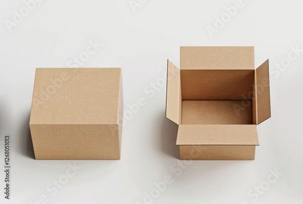 Fototapeta Two brown kraft cardboard boxes displayed from different angles on a white background. Ideal for packaging, delivery, and e-commerce design concepts.