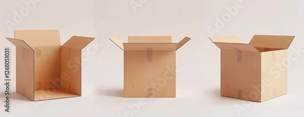 Fototapeta Set of three brown kraft cardboard boxes in 3D, presented from different angles on a white background. Useful for online store product visuals, shipping materials, and warehouse organization.