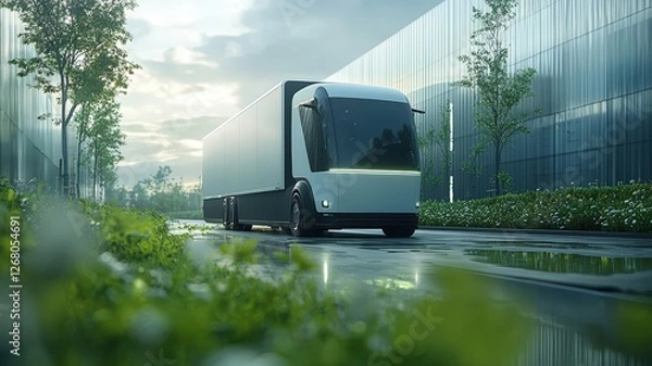 Fototapeta Futuristic Electric Truck on a Wet Road Surrounded by Greenery and Modern Buildings, Highlighting Eco-Friendly Future Technologies (Electric Transportation, Eco-Friendliness, Future Technologies)
