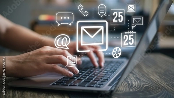 Fototapeta Person types on a laptop with communication icons overlayed