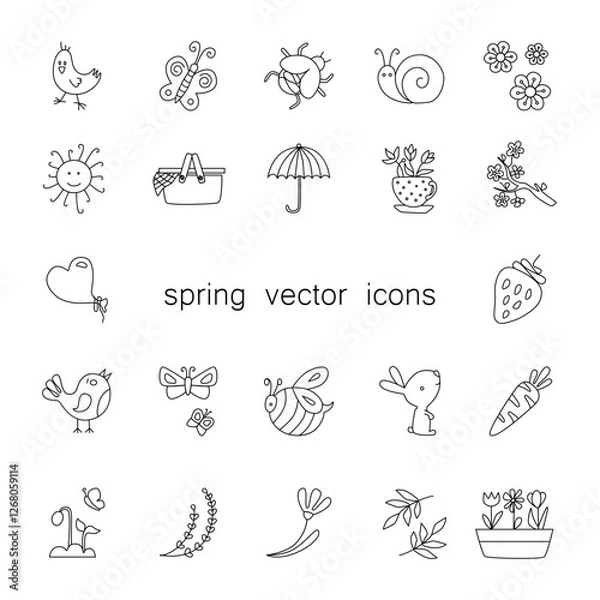 Fototapeta Linear vector spring icon. Hand drawn Easter elements isolated on white background.