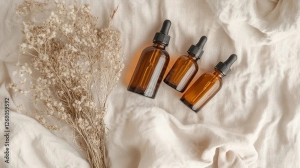 Obraz Skincare flat lay with amber glass bottles and dried flowers
