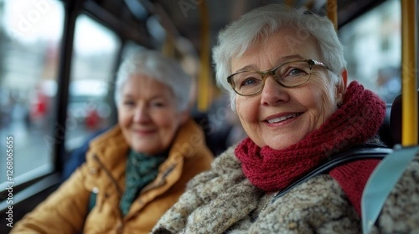 Fototapeta Two senior ladies sitting together on a public transportation vehicle, possibly heading to a social event or destination