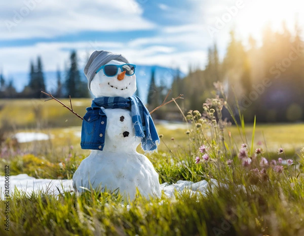 Fototapeta A cheerful snowman dressed in denim and sunglasses is smiling at spring in a sunny meadow. Be positive.