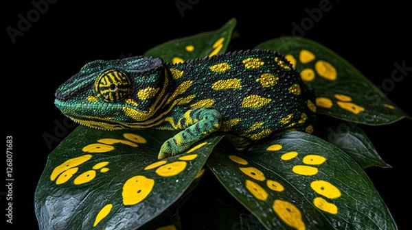 Fototapeta Vibrant chameleon resting on patterned leaf, black background, studio shot, exotic pet advertisement